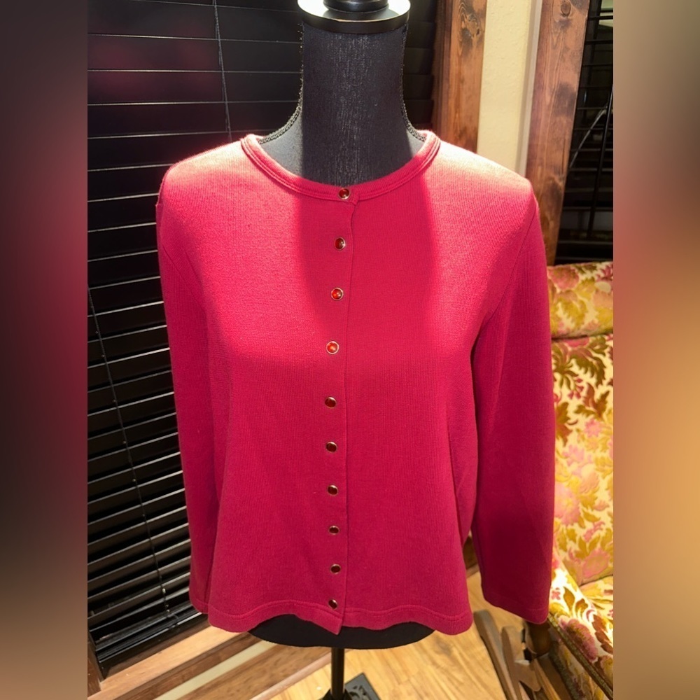 Euc “Basic Concepts” Deep Red Cardigan With Autom… - image 3